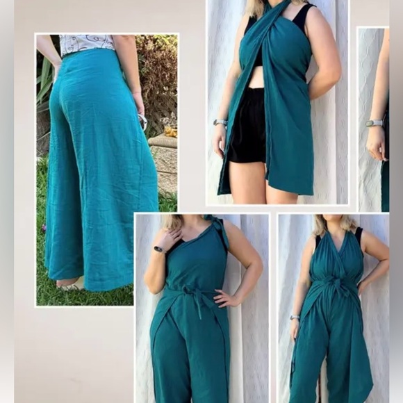 Linen feel turquoise wrap pants one size fits all so cute! New with out tags - Picture 2 of 3